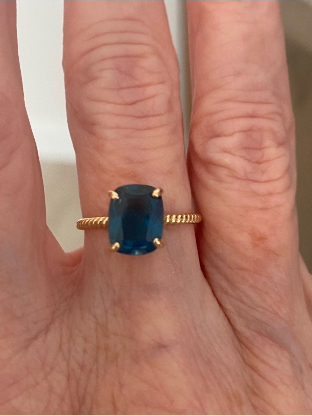Gold Rope Band Ring with Deep Teal Blue Cushion Stone London Blue Topaz 14k Gold